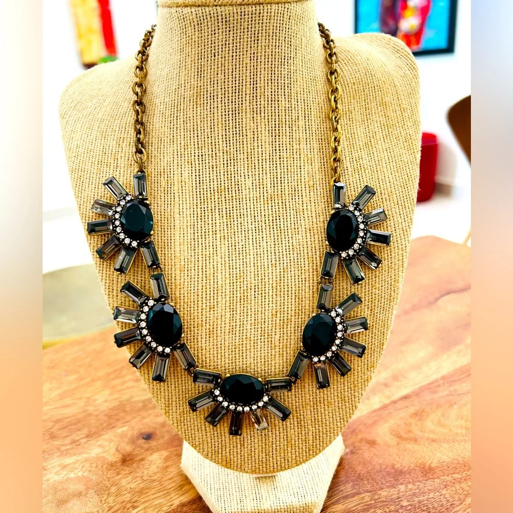 JCrew Statement Necklace Black & Bronzed Gold with Rhinestones